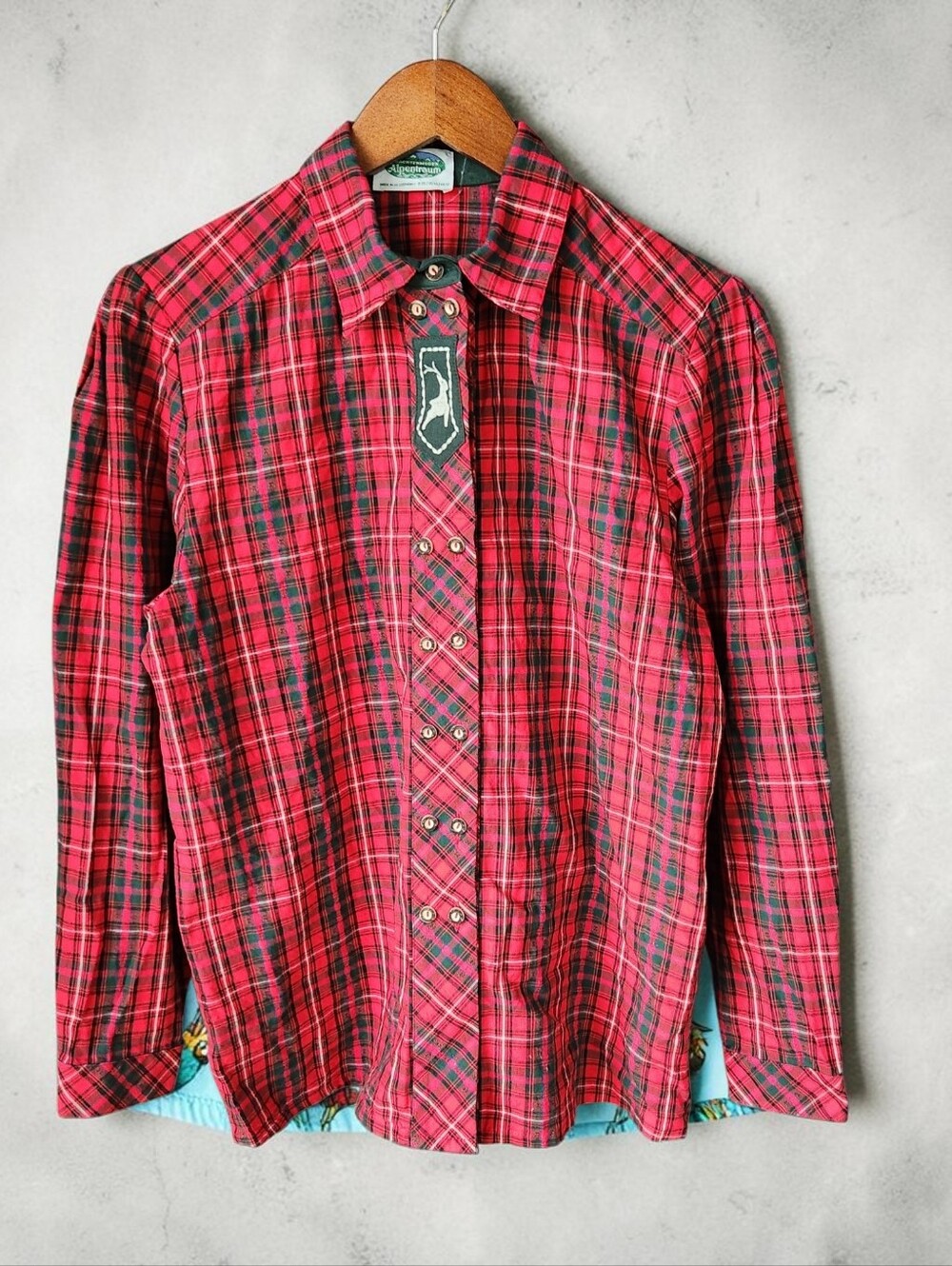 Vintage Trachtenmoden Alpentraum Red Plaid Tartan Shirt 10 Deer Stag Alps Cotton